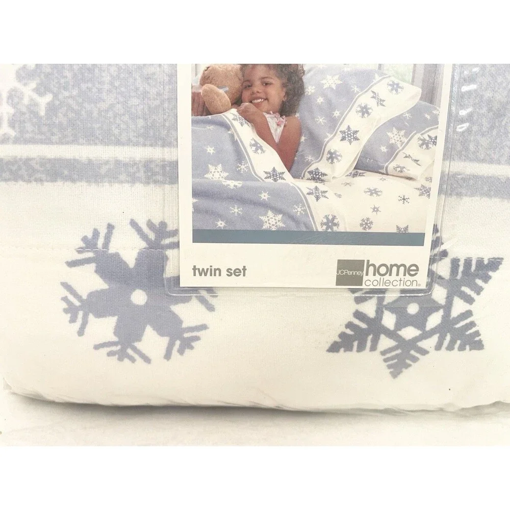 NEW JCP Home Collection Flannel Set Heavyweight Cotton Blue Snow Flakes - TWIN